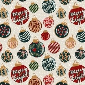 Ornaments - Merry, Bright, Floral, Green, Red Stripe on Beige