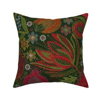 Protea Cross Stitch with Embroidery accents on forest green