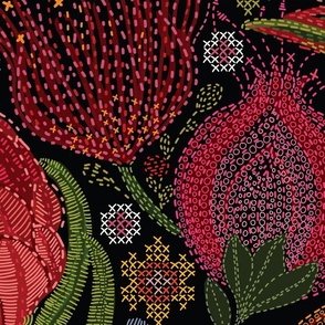 Large Protea Cross Stitch with Embroidery accents on black