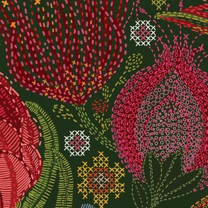 Large Protea Cross Stitch with Embroidery accents on forest green