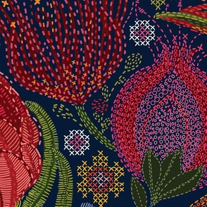 large Protea Cross Stitch with Embroidery accents on navy blue