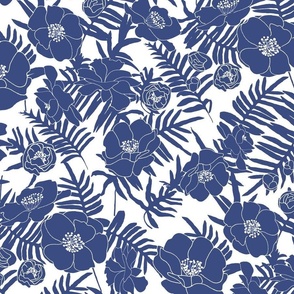 Camellias Ferns Faded Indigo on White 300L