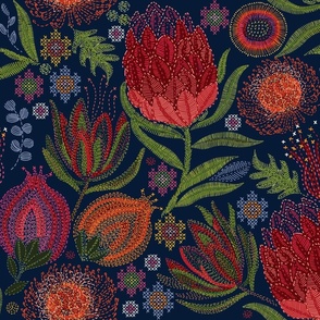 Protea Embroidery with Cross Stitch on navy blue