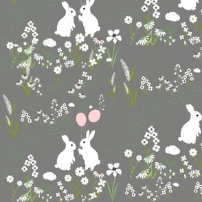 white rabbit and flower pattern in grey background  