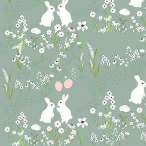white rabbit and flower pattern in green background  