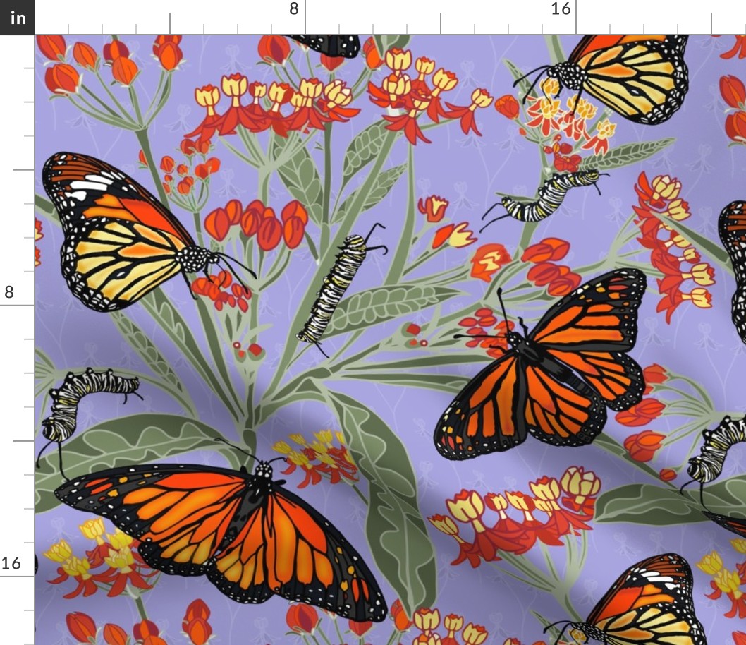 A Butterfly's Poison - Milkweed, Monarch butterflies and caterpillars on Lilac #A6A3DE
