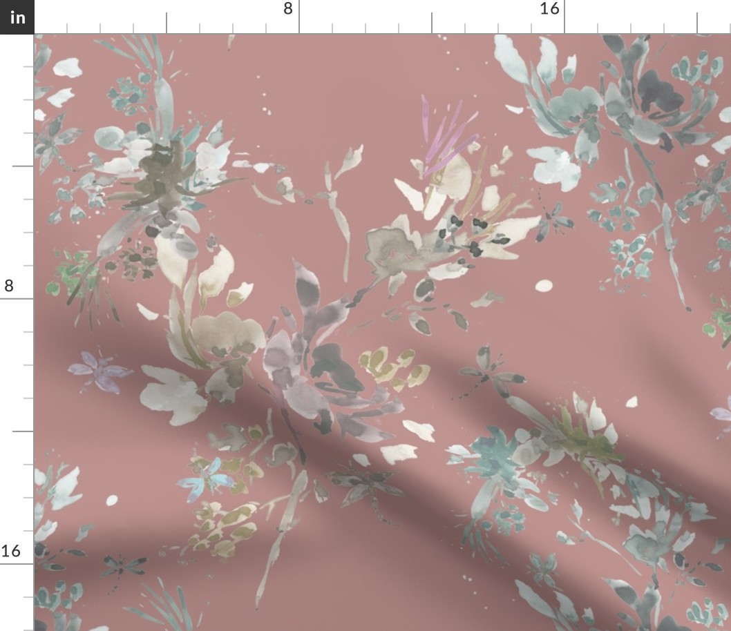 Watercolor Abstract Floral on Mauve Pink, Salmon, Sophisticated Wallpaper, watercolor fabric