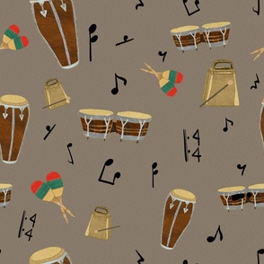  Latin Jazz Percussion Drums and Music Notes - Taupe - Large