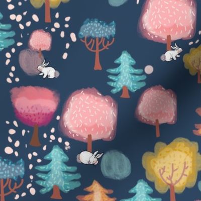 Water colour trees with bunny and specks on navy
