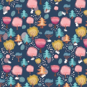 Water colour trees with bunny and specks on navy