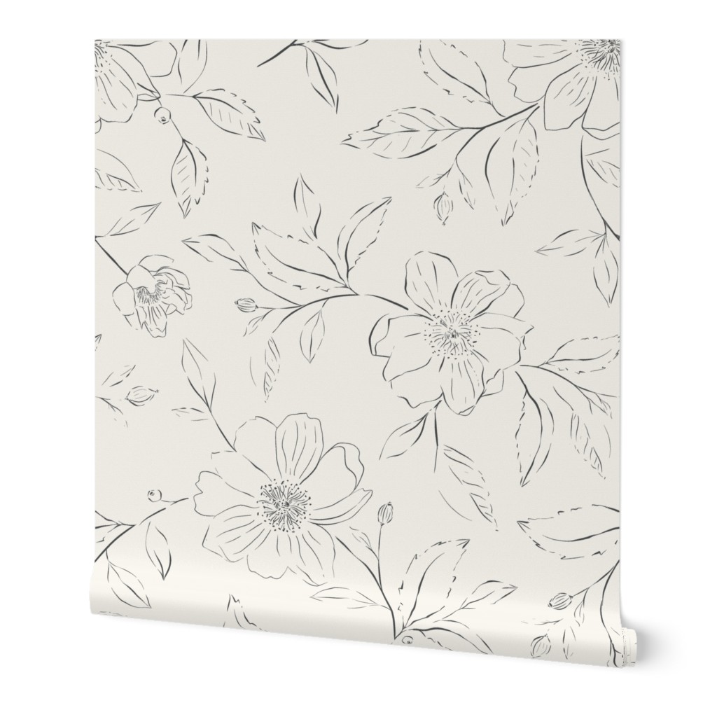 Bohemian Sketched Neutral Flowers Charcoal Black and Cream