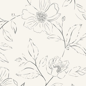 Bohemian Sketched Neutral Flowers Charcoal Black and Cream