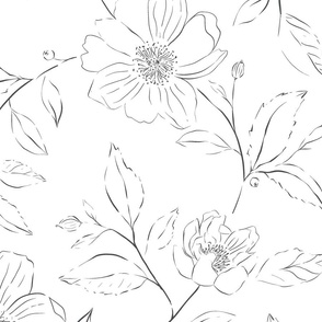 Bohemian cottagecore Sketched Boho Flowers - Charcoal Black and White