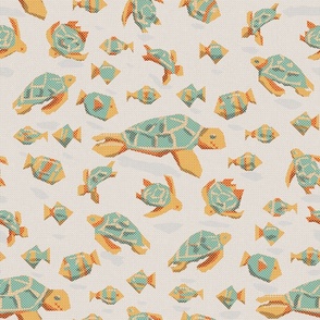 Turquoise green Sea turtles & Reef  fish _marine stitch_medium scale, nursery, baby boy, gender neutral 