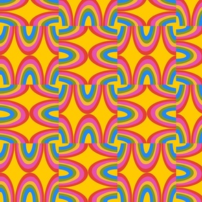 Rainbow swirls on yellow checkerboard  