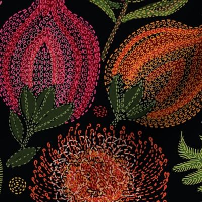 PROTEA VARIETY EMBROIDERY on black