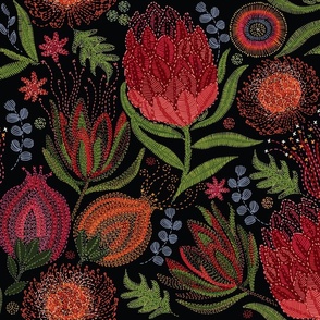 PROTEA VARIETY EMBROIDERY on black