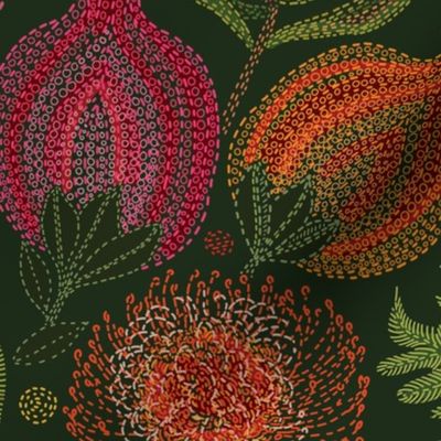 PROTEA VARIETY EMBROIDERY on Forest Green