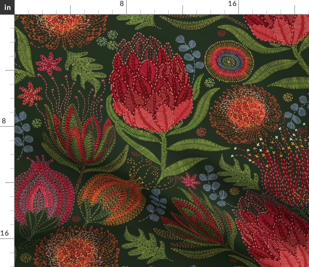 PROTEA VARIETY EMBROIDERY on Forest Green