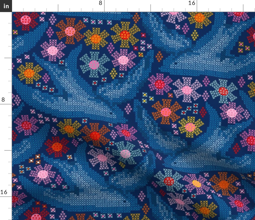 Blue birds of happiness - retro cross stitch - large - by Nashifruitdesigns