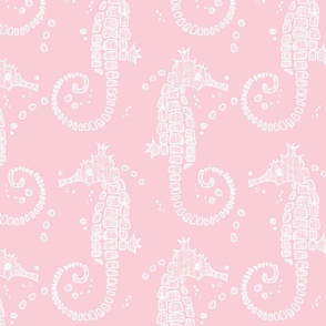 sea horses in white and fashion house pink , 10.5" fabric design repeat