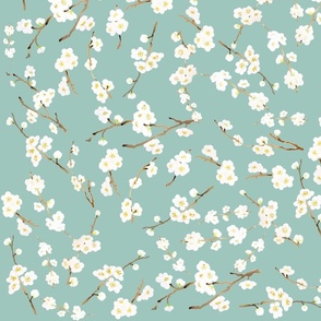 white plum flowers pattern in green background