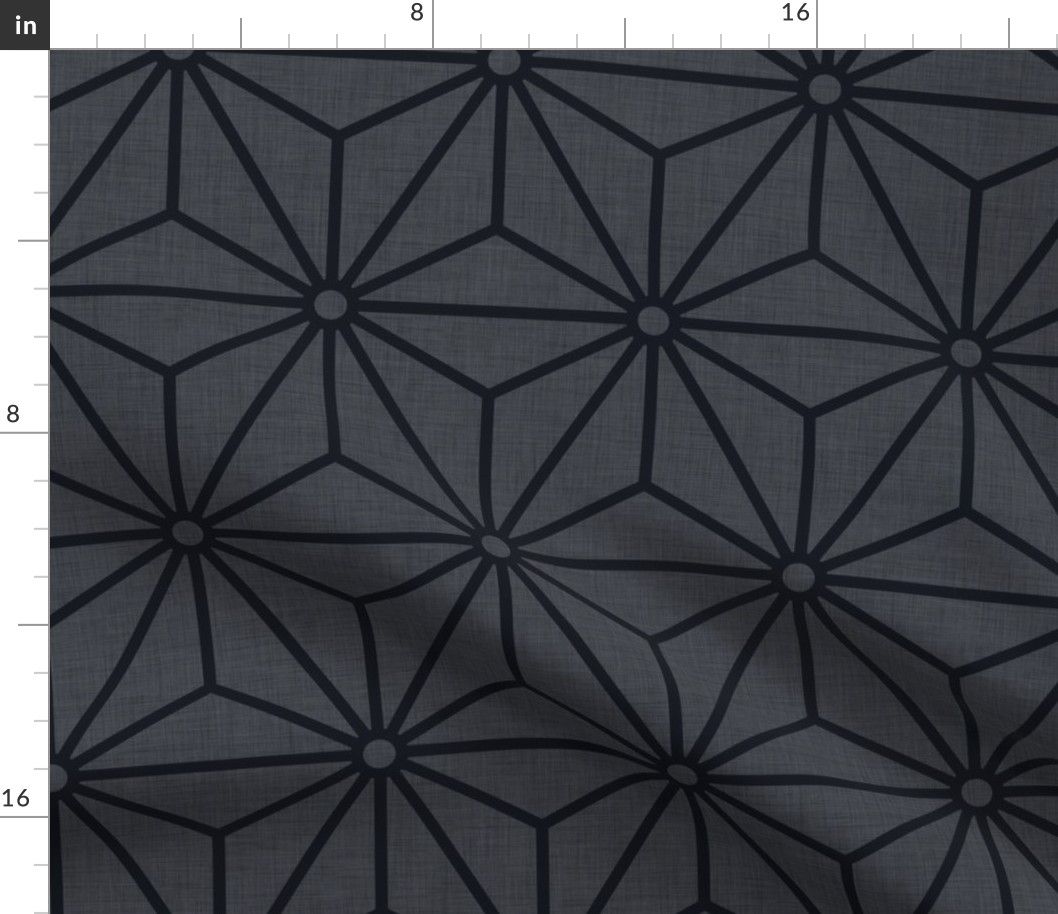 02 Geometric Stars- Japanese Hemp Leaves- Asanoha- Linen Texture on Graphite Background- Petal Solids Coordinate-  Large