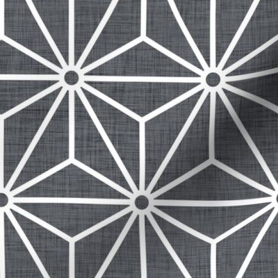 02 Geometric Stars- Japanese Hemp Leaves- Asanoha- White on Graphite Background- Linen Texture- Petal Solids Coordinate-  Medium
