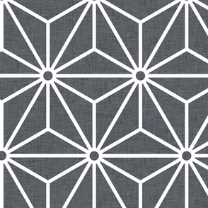 02 Geometric Stars- Japanese Hemp Leaves- Asanoha- White on Graphite Background- Linen Texture- Petal Solids Coordinate- Extra Large