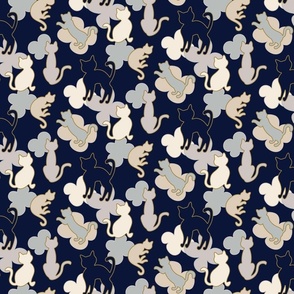Neutral tones flowers & cats on navy blue background // home decor fabric (small)
