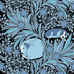 large print // Blue William Morris' Dogs Sleeping in a Field of Flowers 