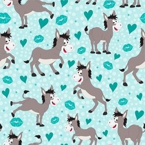 Medium Scale Grey Donkeys Hearts and Kisses in Blue