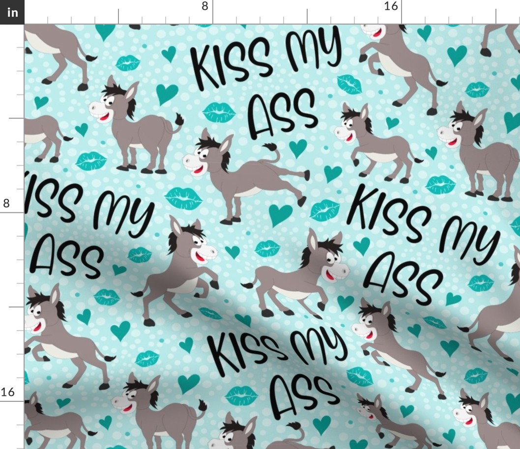 Large Scale Kiss My Ass Grey Donkeys Sarcastic Sweary Adult Humor Hearts and Kisses in Blue