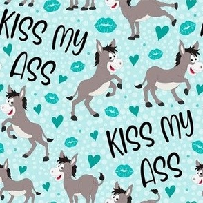 Medium Scale Kiss My Ass Grey Donkeys Sarcastic Sweary Adult Humor Hearts and Kisses in Blue