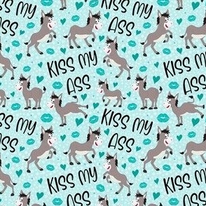 Small Scale Kiss My Ass Grey Donkeys Sarcastic Sweary Adult Humor Hearts and Kisses in Blue