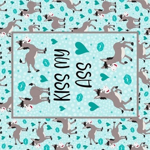Large 27x18 Fat Quarter Panel Kiss My Ass Grey Donkeys Sarcastic Sweary Adult Humor Hearts and Kisses in Blue for Wall Hanging or Tea Towel