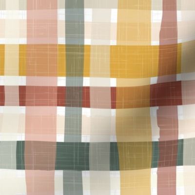 large boho casual plaid - western green yellow terracotta - textured wonky gingham wallpaper and fabric