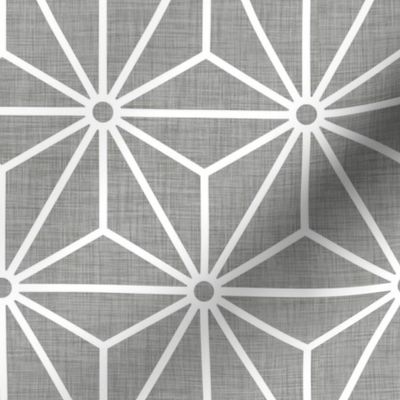 03 Geometric Stars- Japanese Hemp Leaves- Asanoha- White on Pewter Background- Linen Texture- Petal Solids Coordinate-  Medium