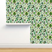 Retro green nature tree leaf and forest pattern illustration with apples