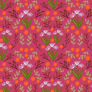 Doodle spring flowers red background