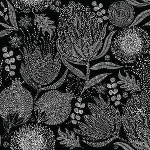 PROTEA VARIETY EMBROIDERY WHITE ON BLACK