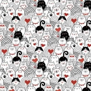 Cat of Hearts- Valentine's Day Crowd of Cats- Cat Love- Black and White- Poppy Red- Monochromatic- Valentine Cats Love- Micro