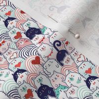 Cat of Hearts- Valentine's Day Crowd of Cats- Cat Love- Mint and Coral- Indigo Blue- Navy Blue- Poppy Red- Pink- Micro