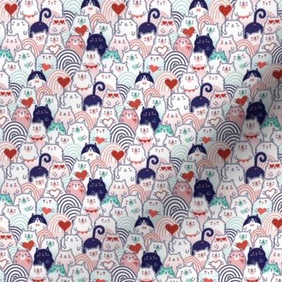 Cat of Hearts- Valentine's Day Crowd of Cats- Cat Love- Mint and Coral- Indigo Blue- Navy Blue- Poppy Red- Pink- Micro