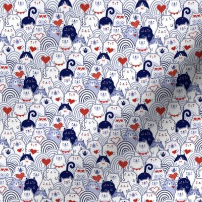 Cat of Hearts- Valentine's Day Crowd of Cats- Cat Love- Red and Blue- Indigo Blue- Navy Blue- Poppy Red- Monochromatic- Micro
