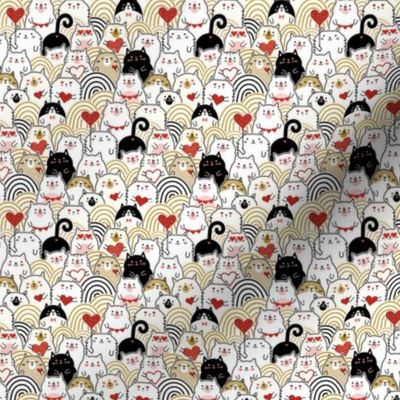 Cat of Hearts- Valentine's Day Crowd of Cats- Cat Love- Red and Gold- Mustard- Honey- Ochre- Pink- Poppy Red -Monochromatic- Micro