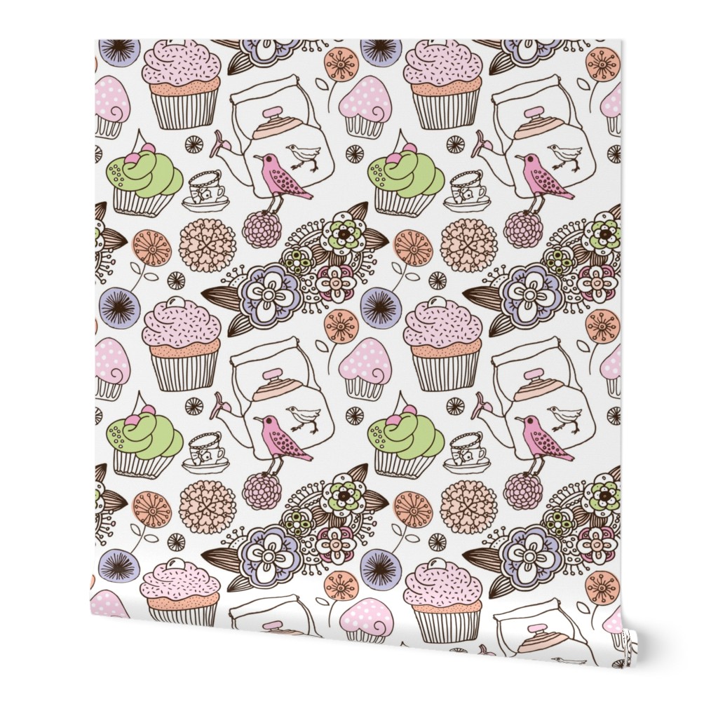 Vintage flower cupcake bird high tea pattern