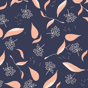 Apricot and white leaves and flowers on dark blue