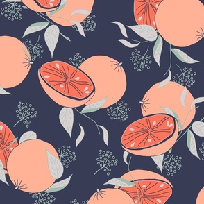 apricot oranges and light teal cyan leaves on dark blue (jumbo) wallpaper