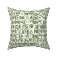 Hand Drawn Greek Key Square Spirals Motif, Sage Green and Natural White (Medium Scale)